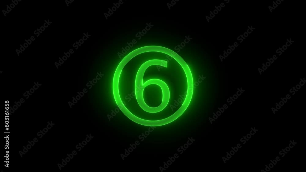 Six number round circle icon glowing neon green color animation black background Six number round circle icon glowing neon green color animation black background