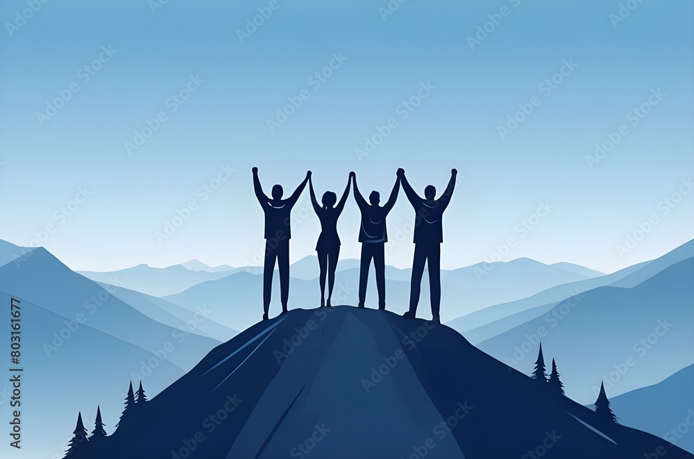 Together overcoming success with people holding hands up in the air on mountain top , celebrating teamwork success and achievement.