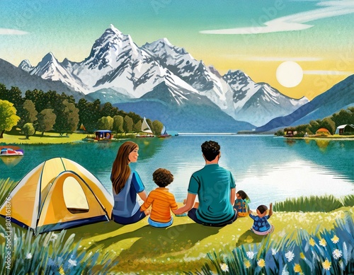 summer camping by the lake with a family enjoying the warm sunset next to their tent. With large mountains in the background