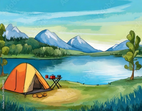 Landscape view of a lake surrounded by mointains and a green forest with a small tent and a camping table placed near the shore photo