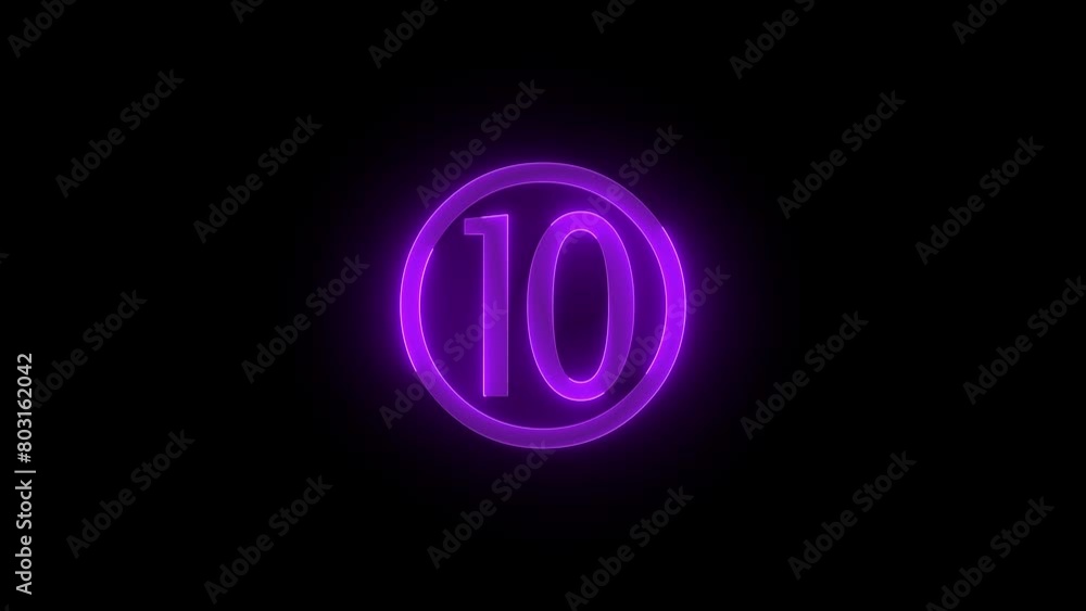 Ten number round circle icon glowing neon purple color animation black background Ten number round circle icon glowing neon purple color animation black background