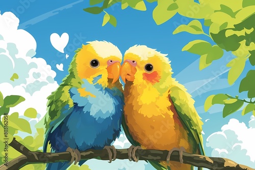 cartoon of a cute pair of parrots in the park