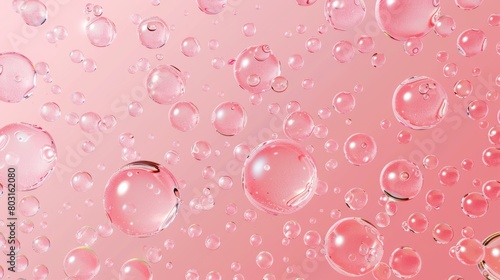 An elegant pink background with floating water drops, horizontal backdrop with spherical bubbles, realistic 3D modern ads design.