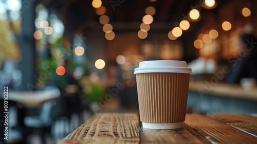 a plastic white takeaway coffee cup in a paper wrapper on the background of a cozy coffee shop. A glass of coffee on a wooden table in a cafe photo