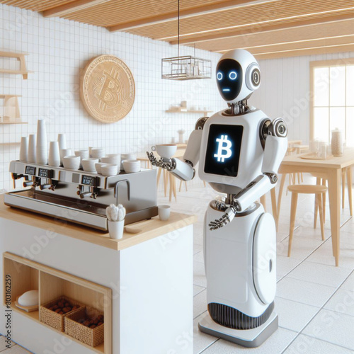 A minimalist Japanese-style white coffee shop. Decorated with wooden handicrafts, hire a state-of-the-art AI robot with a human face to make coffee. Bitcoin payment counter