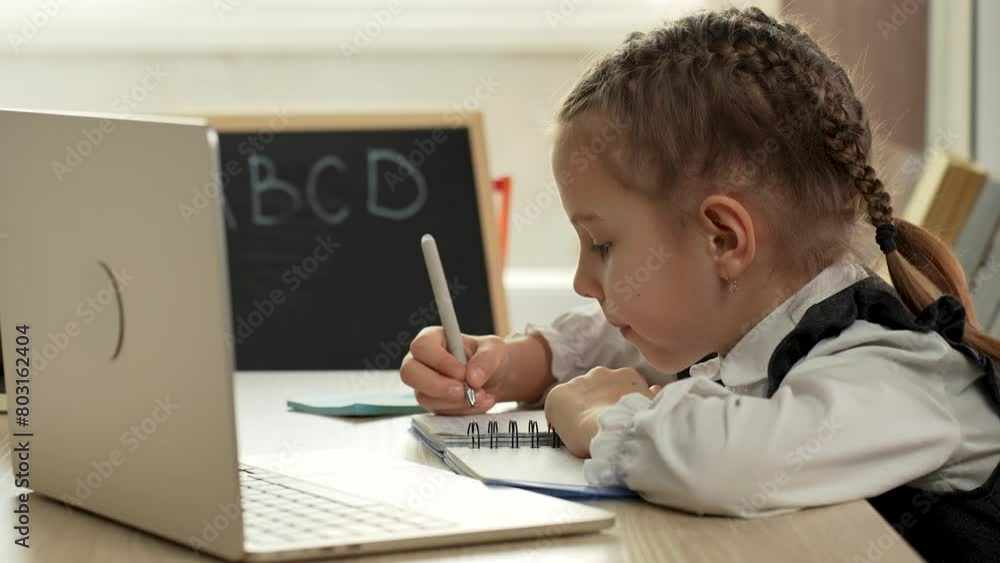 School girl using laptop sitting at desk writing notes while watching webinar, studying online