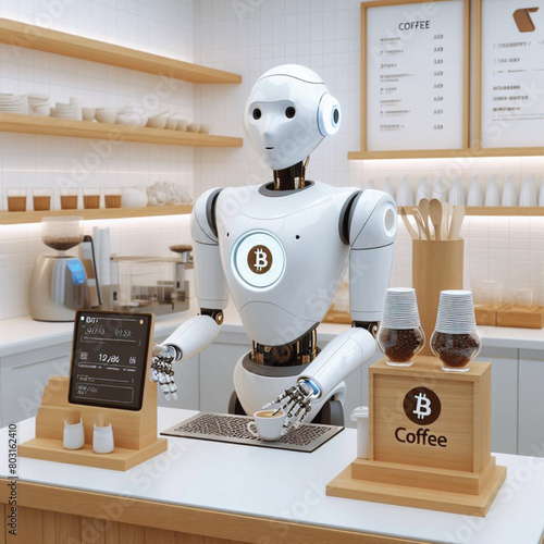 A minimalist Japanese-style white coffee shop. Decorated with wooden handicrafts, hire a state-of-the-art AI robot with a human face to make coffee. Bitcoin payment counter