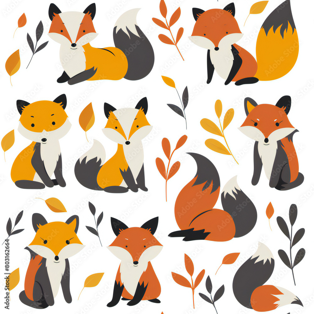 cute fox cartoon seamless pattern, 2d illustration