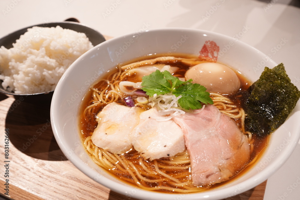 Soy Sauce or Shoyu Noodle with Roasted Chicken in Japan - 日本 鶏チャーシュー 醤油ラーメン Soy Sauce or Shoyu Noodle with Roasted Chicken in Japan - 日本 鶏チャーシュー 醤油ラーメン