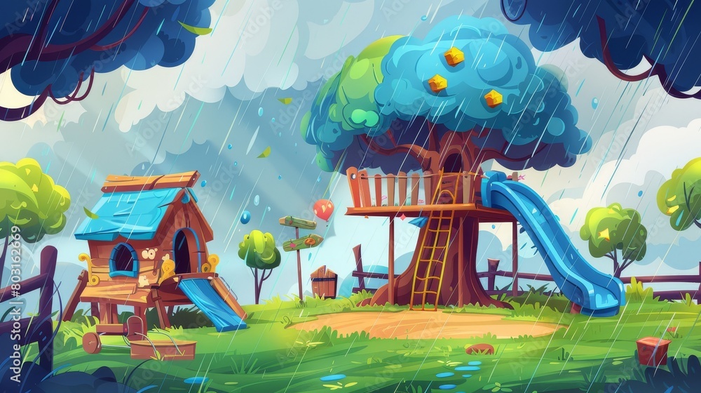 The children's playground is set in a green lawn at rainy weather. A wooden hut, a sandbox, and toys for summer games are on the lawn. The children's playground is set in a green lawn at rainy weather. A wooden hut, a sandbox, and toys for summer games are on the lawn.