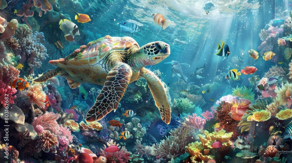 turtle with Colorful tropical fish and animal sea life in the coral reef turtle with Colorful tropical fish and animal sea life in the coral reef