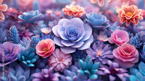 Colorful flowers and succulents are spread all over the place  soft candy colors  colors lavender generative ai