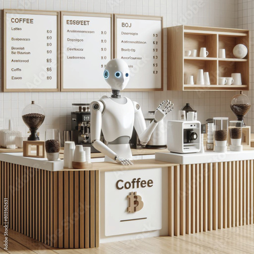 A minimalist Japanese-style white coffee shop. Decorated with wooden handicrafts, hire a state-of-the-art AI robot with a human face to make coffee. Bitcoin payment counter
