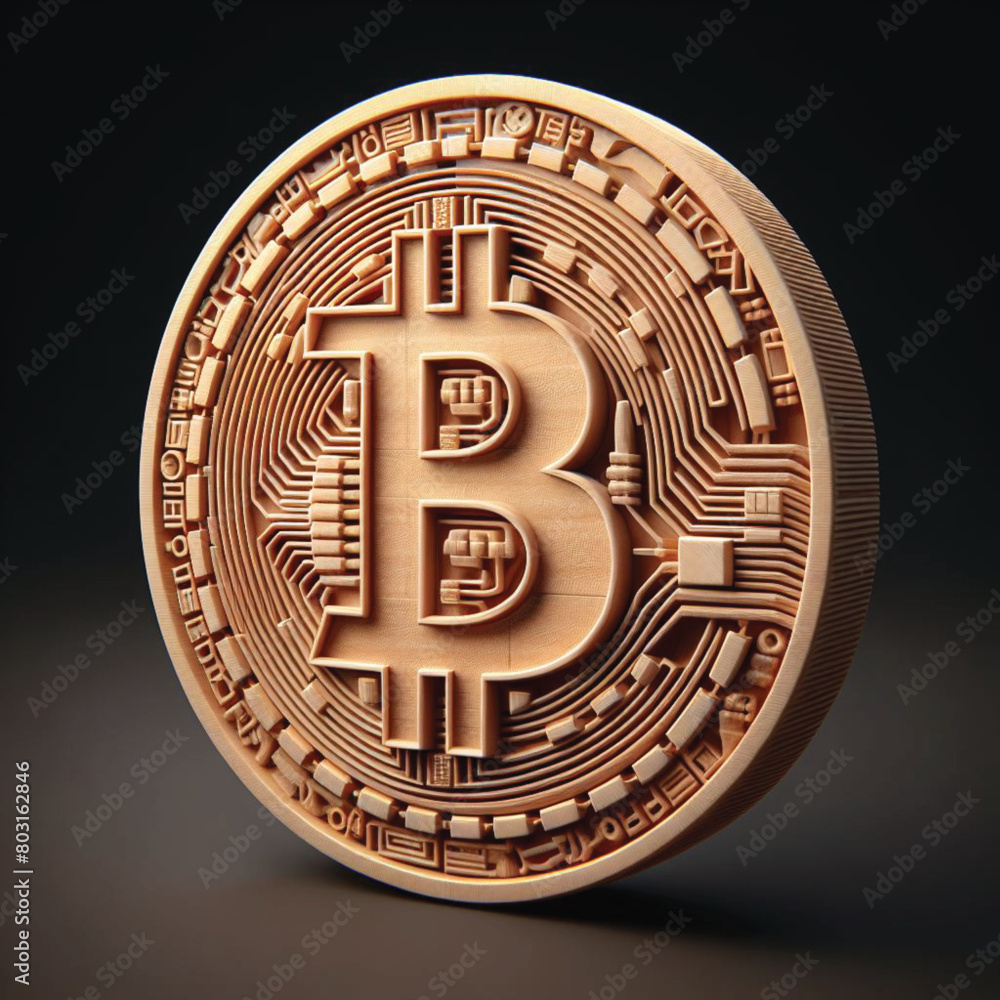 Bitcoin coin crafted from wood in a Japanese style, appearing robust, powerful, and filled with energy.