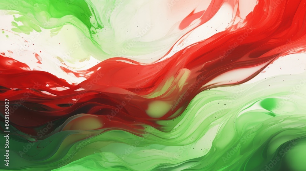 A vibrant abstract painting featuring shades of green, red, and white