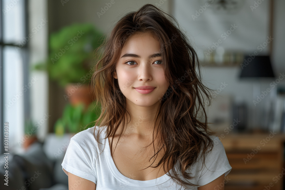 Beautiful young Asian woman in white t-shirt standing in living room