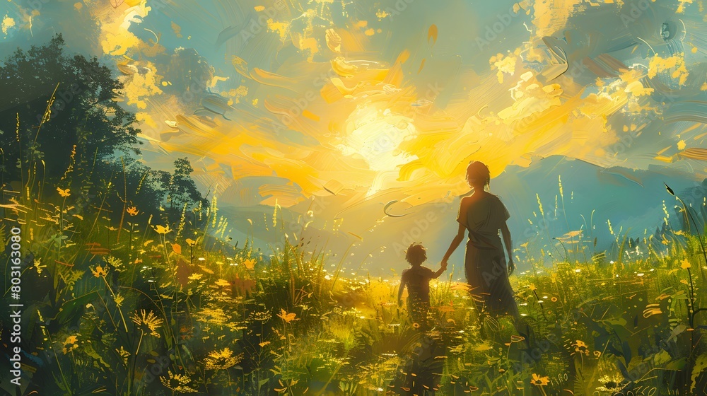 Fototapeta premium A peaceful landscape painting featuring a mother and child walking hand in hand