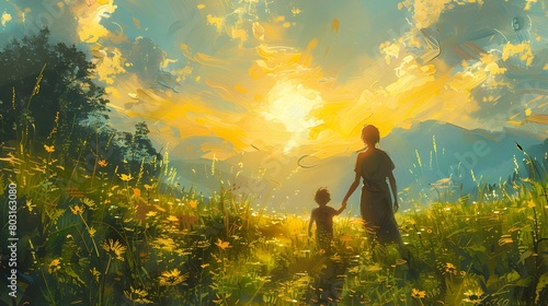A peaceful landscape painting featuring a mother and child walking hand in hand