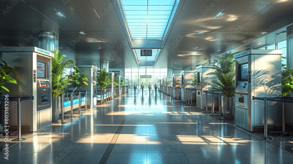 A captivating 3D model depicting an airport security checkpoint with scanner machines meticulously scrutinizing luggage for any signs of threat A captivating 3D model depicting an airport security checkpoint with scanner machines meticulously scrutinizing luggage for any signs of threat
