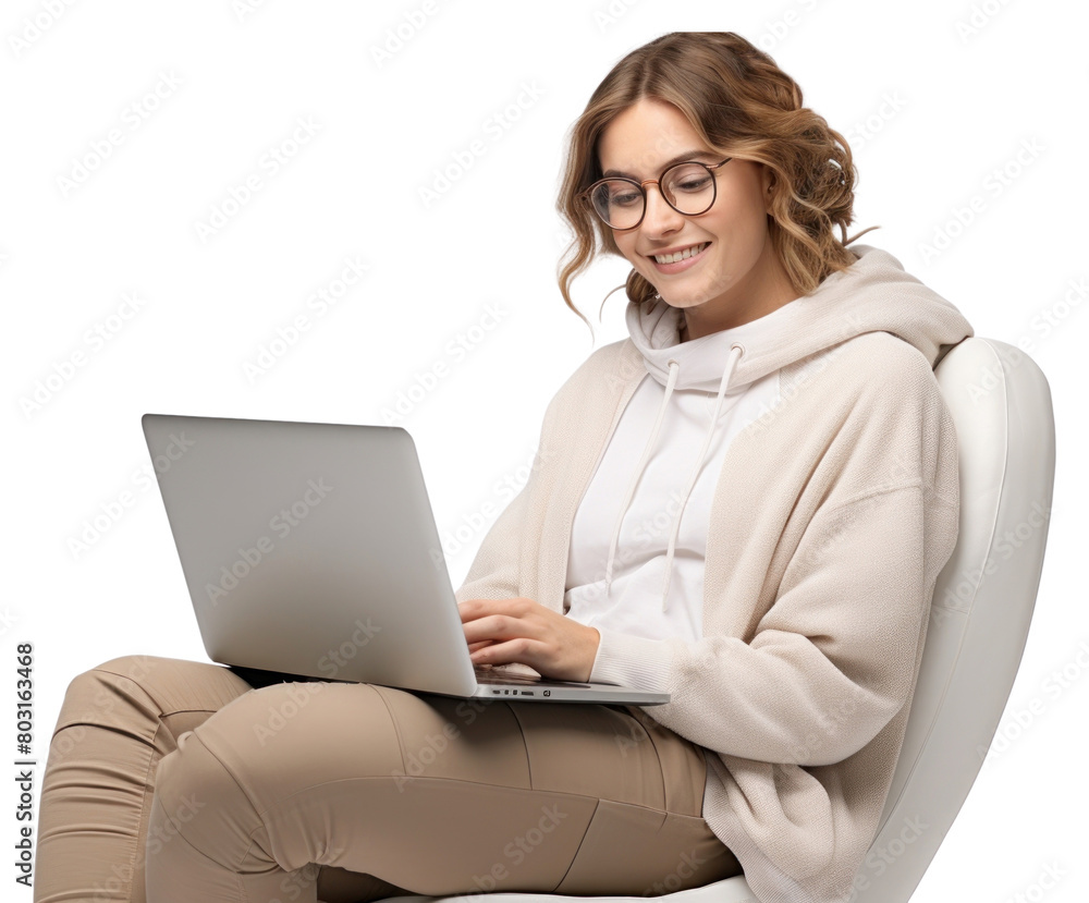 PNG Woman using laptop computer glasses sitting PNG Woman using laptop computer glasses sitting