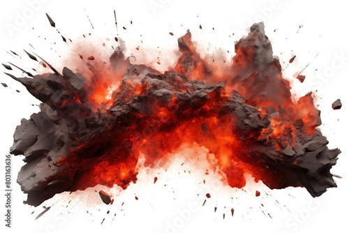 Red lava Explosion border with Flying rocks PNG Boom Detonation isolated Fireball on Transparent and white background - Explosive Impact Volcano
