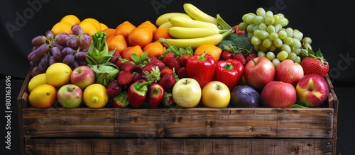 Vibrant and fresh fruits and vegetables arranged in a wooden container