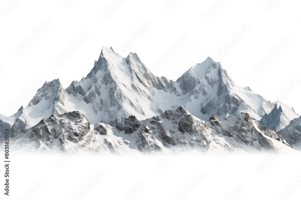 Obraz premium Winter mountain PNG landscape isolated on Transparent and white background - Scenic mountain Peaks Rocky Cliffs Scenery Panorama Alpine Wilderness Adventure Concept