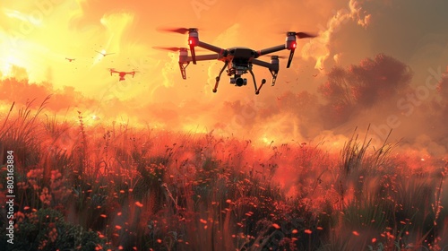 Illustrate a drone performing crop scouting missions, identifying pest infestations or disease outbreaks early to prevent crop damage and yield photo