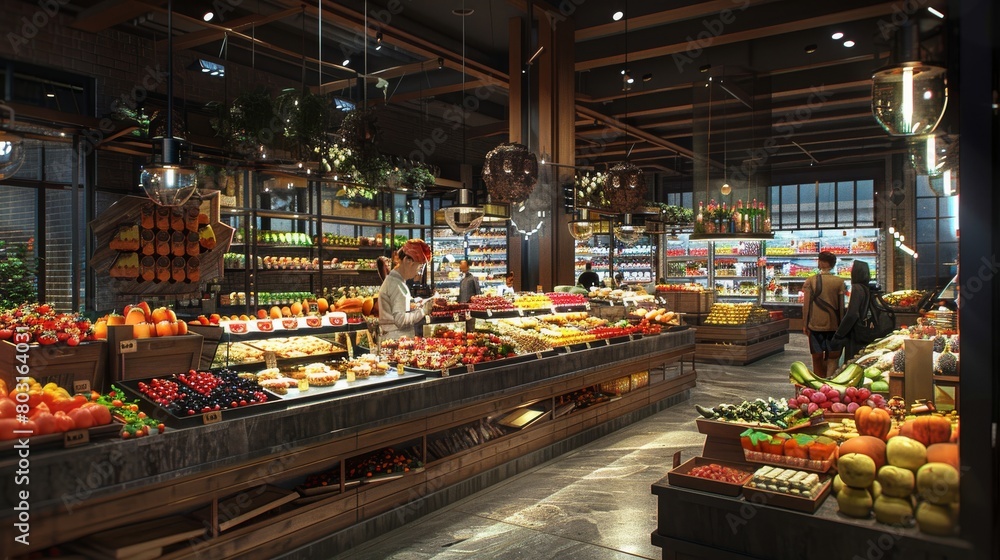 Explore gourmet selections at a high-end supermarket featuring fresh produce and elegant displays