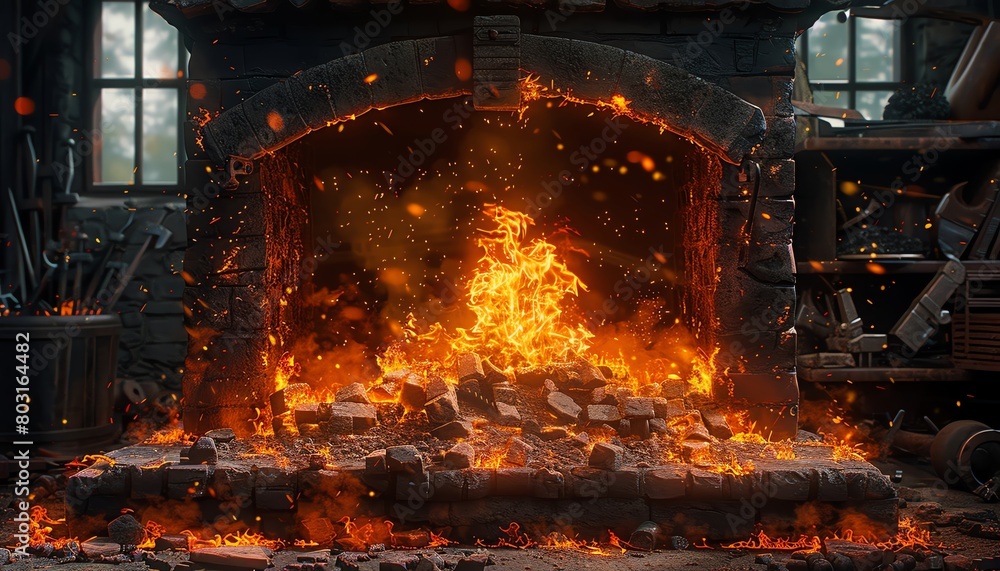 Craft a photorealistic digital rendering of a mesmerizing frontal view of a blacksmiths forge, capturing the intensity of the flames and the intricacies of the tools