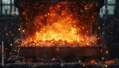 Craft a photorealistic digital rendering of a mesmerizing frontal view of a blacksmiths forge, capturing the intensity of the flames and the intricacies of the tools