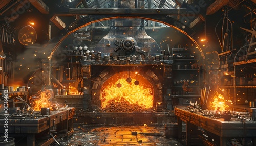 Craft a photorealistic digital rendering of a mesmerizing frontal view of a blacksmiths forge, capturing the intensity of the flames and the intricacies of the tools