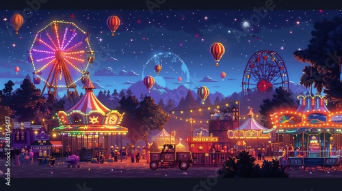 Craft a pixel art scene at eye-level angle, showcasing the dynamic energy of a bustling carnival Utilize bold, contrasting colors to highlight the different attractions and activities Include whimsica