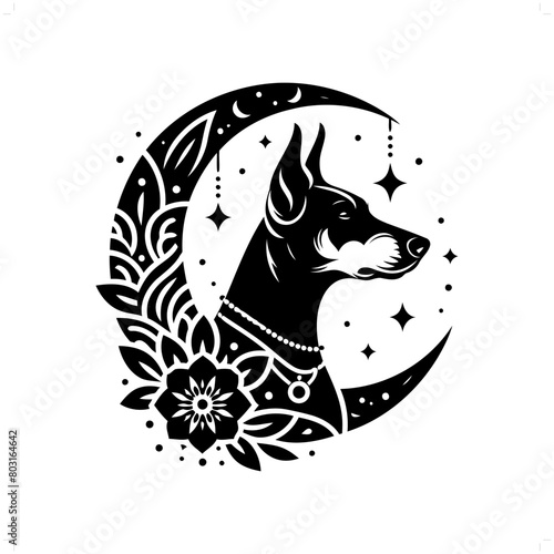 dog, Doberman silhouette in bohemian, boho, nature illustration