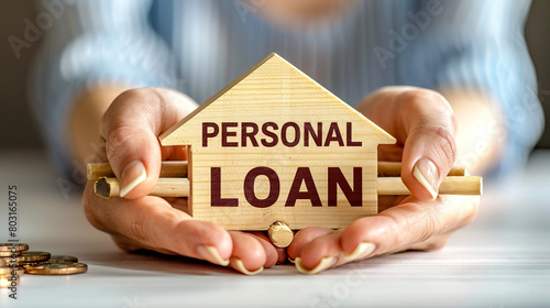 Hands holding wooden sign with words Personal Loan