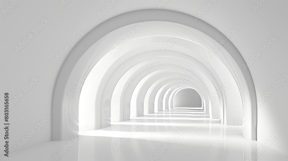 Realistic 3D abstract white room with tunnel. Vacant illuminated museum corridor in modern format. Empty studio hall. Futuristic advertising showroom for exhibits or products. Minimal indoor gallery