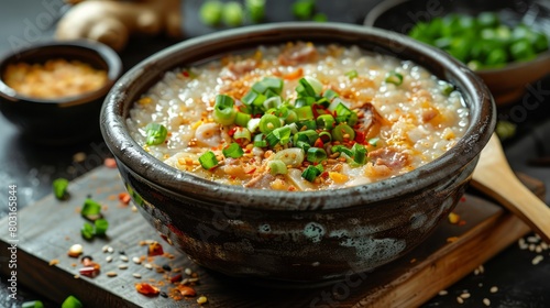 A bowl of food with green onions and spices on top. The bowl is on a wooden table