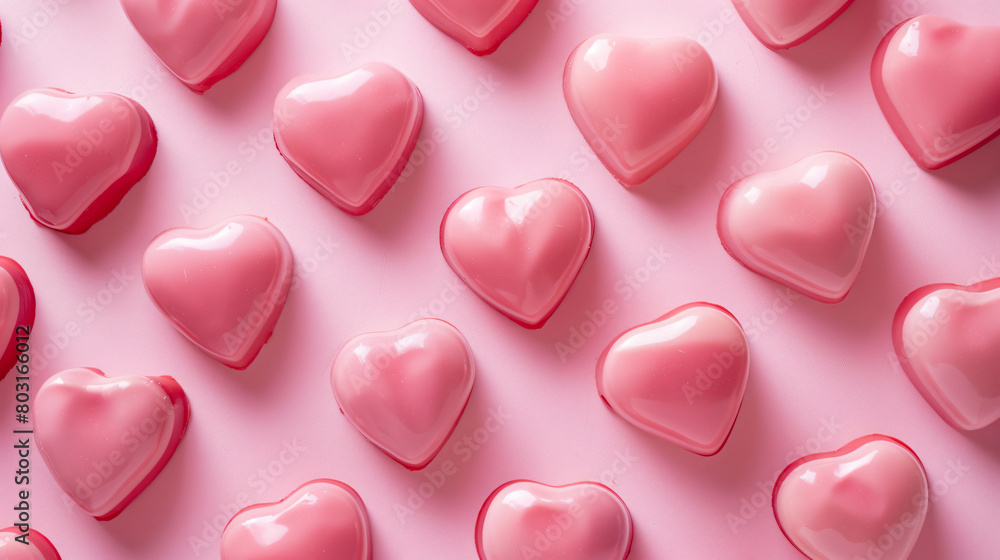 Heart shaped candies on pink background. St. Valentine