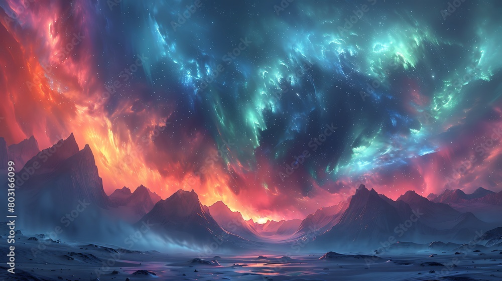 Naklejka premium Visualize cosmic auroras cascading over an alien planet's surface, with vibrant waves of color illuminating the sky.