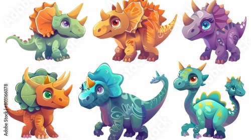 The prehistoric triceratops  stegosaurus and tyrannosaurus from the Jurassic period are included in this collection of cute dinosaur character designs for kindergartens.