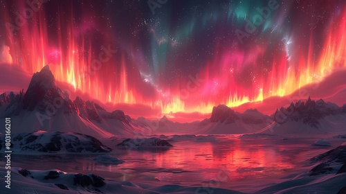 Visualize cosmic auroras cascading over an alien planet's surface, with vibrant waves of color illuminating the sky.