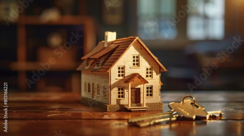 A small wooden house model sits on a table with keys resting in front of it.