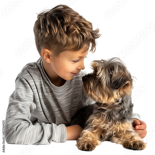 Boy kid with pet dog on isolated transparent background
