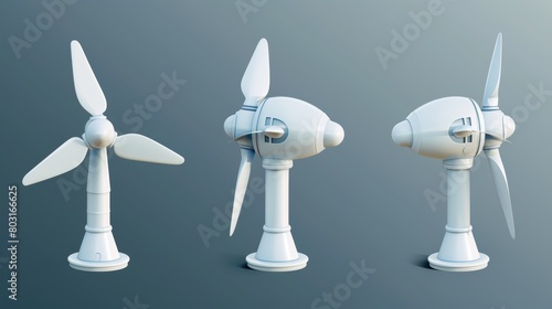 Icon of a wind turbine icon in 3D on a transparent background. Set of white windmills for clean renewable energy production. Illustration of an aerogenerator with realistic air propellers. photo