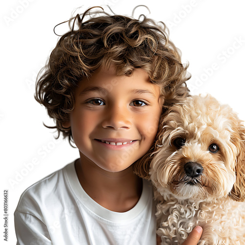 Boy kid with pet dog on isolated transparent background