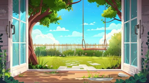This cartoon shows a backyard view at the end of a summer day from a wooden patio door. Modern illustration of a house porch, a garden, a tree swing, stone footpaths, wooden fences.