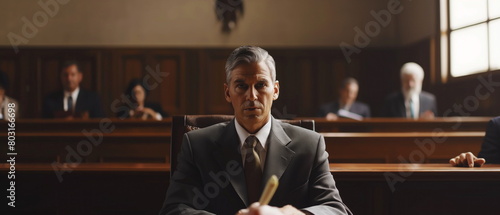 determined lawyer in a courtroom, advocating for justice with eloquence and conviction photo
