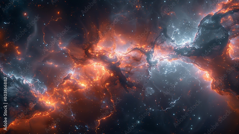 Naklejka premium Illustrate the Dark Matter Web as an ethereal structure of delicate fibers weaving through the cosmos, linking galaxies with ghostly strands that glow against the deep space darkness.