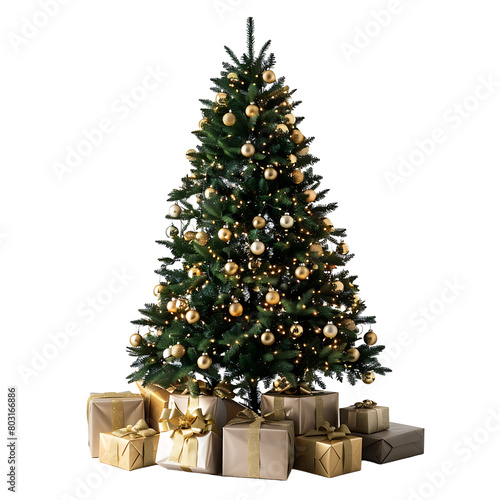 Christmas tree with gifts on isolated transparent background