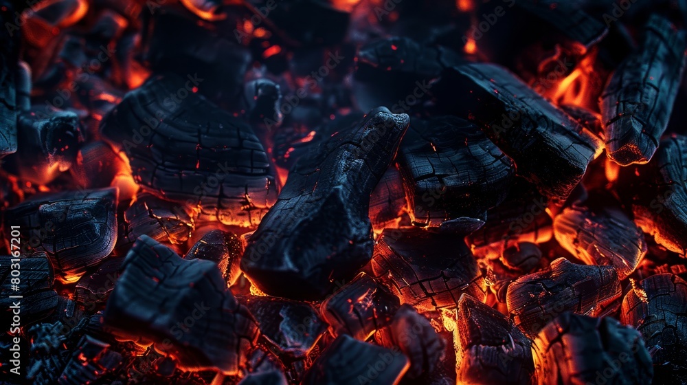 The image is of a pile of charcoal with a fire burning in the middle. Scene is intense and dramatic, as the fire seems to be consuming the charcoal The image is of a pile of charcoal with a fire burning in the middle. Scene is intense and dramatic, as the fire seems to be consuming the charcoal